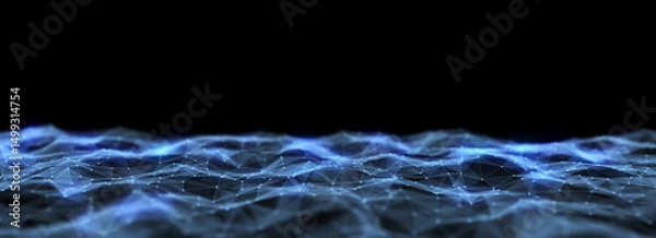 Fototapeta Abstract technology wave of particles and lines. Big data visualization. Background with motion dots. Artificial intelligence.