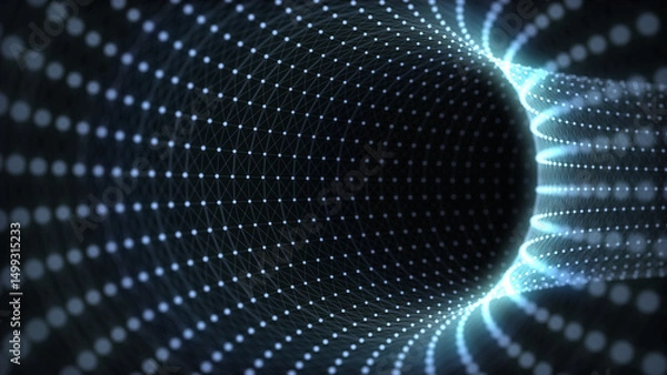 Fototapeta Abstract wireframe tunnel. Science wormhole. 3D portal grid. Futuristic fantasy funnel. 3d rendering.