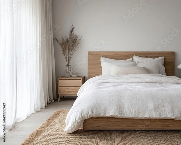 Obraz Openplan Muji bedroom with a natural fiber rug, soft flowing curtains, and minimalist wooden furniture