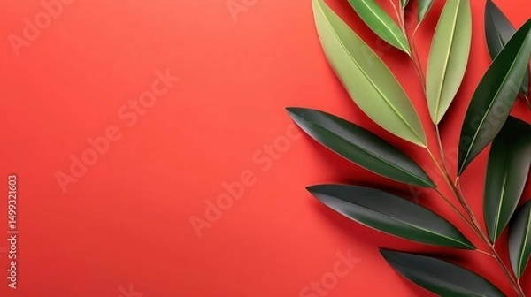 Obraz Vibrant green leaves arranged artistically on a bold red background, perfect for design use