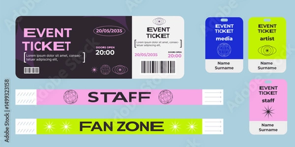 Fototapeta Event ticket for parties, music festival, dance festival. Security bracelets for entrance. For staff and fan zone. Neon color. Modern design. Futuristic style. With wireframe element. Printable.