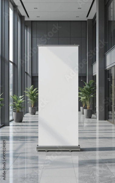 Fototapeta Blank rollup banner stand mockup in modern office with large windows, metal and glass accents, dark background for advertising. 