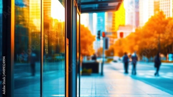 Obraz Urban sunset reflecting on glass buildings with pedestrians in a bustling city street