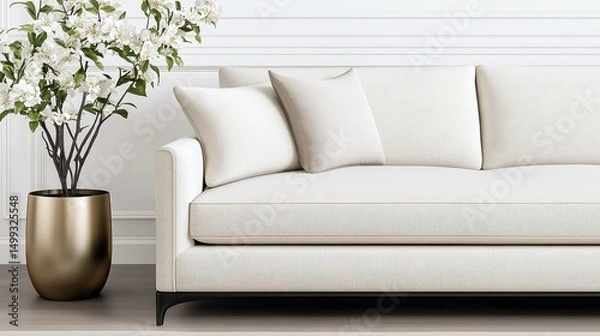 Obraz Modern living room featuring a stylish white sofa with decorative pillows and a gold planter