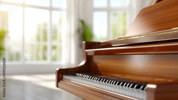 Obraz Close-up of a polished grand piano in a sunlit room with large windows and greenery
