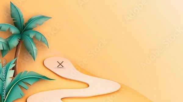 Obraz Tropical beach scene with palm trees and a winding path on a soft orange background