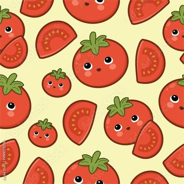 Obraz cute tomato and tomato slice seamless pattern on yellow background .