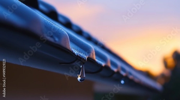 Obraz Close-up of a water droplet hanging from a gutter at sunset, highlighting nature's beauty