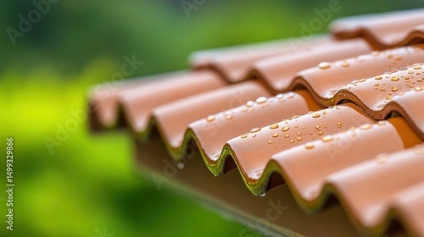 Obraz Close-up of a textured brown roof tile with water droplets, set against a lush green background