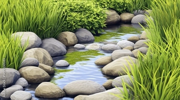 Obraz Serene river winding through lush green grass and smooth stones under clear blue sky