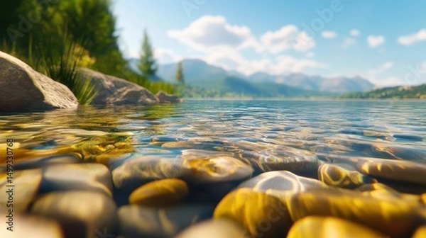 Obraz Serene lakeside view with clear water reflecting mountains and lush greenery in the background