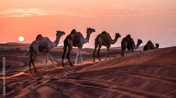 Fototapeta camels in the desert sunset at deser.