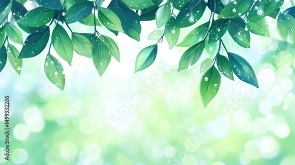Obraz Lush green leaves with droplets glistening in sunlight against a soft bokeh background