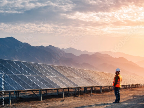 Fototapeta <Solar Panels Illuminated by Sunset in a Picturesque Solar Farm: Renewable Energy and Environmental Sustainability in Mountainous Landscape with Industry Professionals>