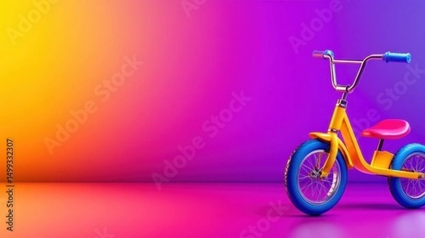 Obraz Colorful children's tricycle against a vibrant gradient background, ideal for playful designs