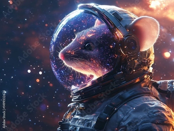 Fototapeta Cosmic Mouse Astronaut: A Whimsical Journey Through Space, Exploring the Galaxy in a Futuristic Spacesuit, with Celestial Reflections in the Visor