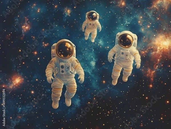 Fototapeta Exploring the Cosmos: A Trio of Astronauts in the Vastness of Space, Navigating the Celestial Canvas Among Stars and Distant Nebulae.