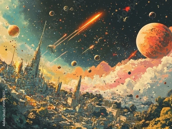 Fototapeta Sci-Fi Metropolis Under a Cosmic Barrage: A Dystopian View of Urban Decay Amidst Celestial Chaos, Featuring Planets, Meteors, and Futuristic Architecture.