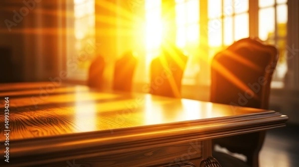 Obraz Warm sunlight streaming through large windows onto a polished wooden table in a cozy room