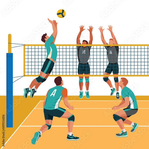 Obraz Flat Design Volleyball Action Scene in Vector Style.