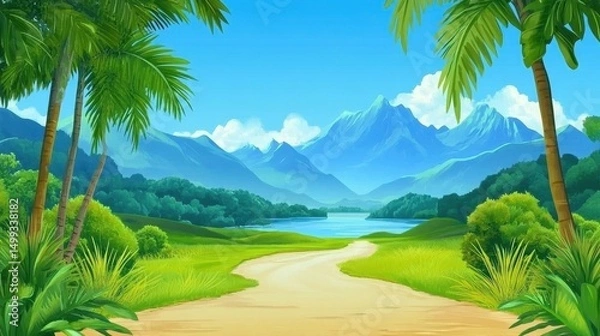 Obraz Serene landscape with a winding path leading to a tranquil lake surrounded by mountains