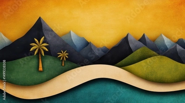Obraz Vibrant sunset over stylized mountains and palm trees with flowing river in the foreground