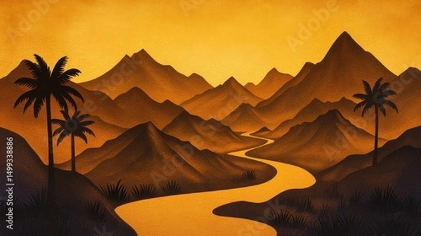 Obraz Serene sunset over a winding river with silhouetted mountains and palm trees in the foreground