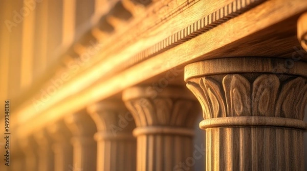 Obraz Close-up view of classical columns in warm sunlight, highlighting intricate carvings and textures