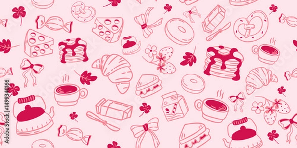 Obraz Coquette hand drawn seamless pattern, cute breakfast with croissants, pancakes, coffee, and sweets on a pink background for fabric, textile, clothing, poster, cover, banner.