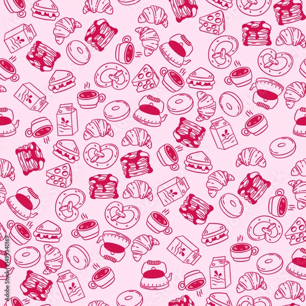Fototapeta Cute coquette pink seamless pattern featuring hand drawn bakery, tea, and coffee doodle elements. Perfect for food themed designs and backgrounds.