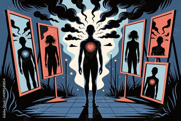 Fototapeta A man stands in front of a mirror with a heart on his chest