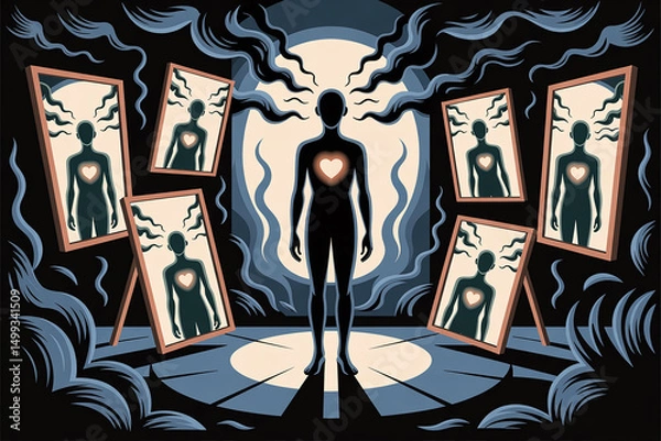 Fototapeta A man stands in front of a mirror with a heart on his chest