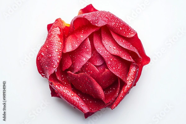 Fototapeta Elegant red rose with dew drops, perfectly centered on a pure white background