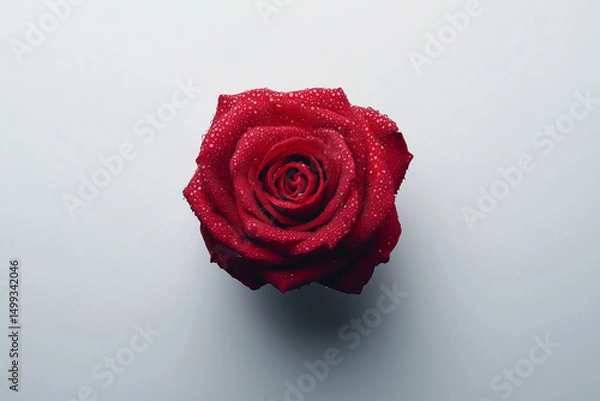 Fototapeta Elegant red rose with dew drops, perfectly centered on a pure white background