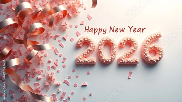 Fototapeta Elegant rosy 2026 new year greeting with streamers and confetti design