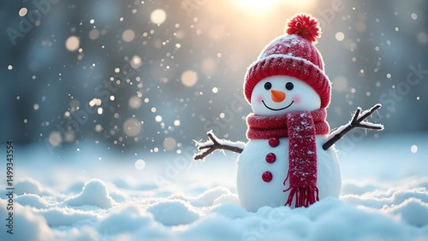 Fototapeta Whimsical winter scenery featuring a cheerful snowman basking in soft light