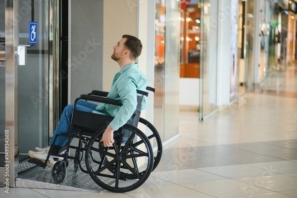 Fototapeta Customer exiting elevator in wheelchair at shopping mall