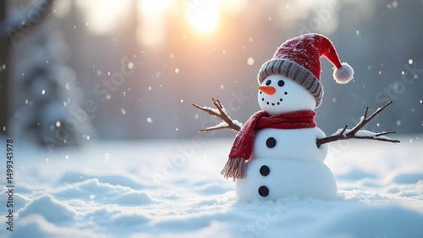 Fototapeta Charming snowman creation, basking under winter sun during a gentle snowfall