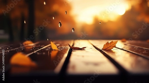 Obraz Autumn leaves resting on a wooden table with raindrops falling in a serene park setting