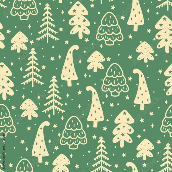 Fototapeta Cute winter forest Scandinavian seamless pattern. Vector doodle New Year print, cute Christmas tree and stars background, funny spruce green and yellow texture with fir tree for paper, fabric, wrap.