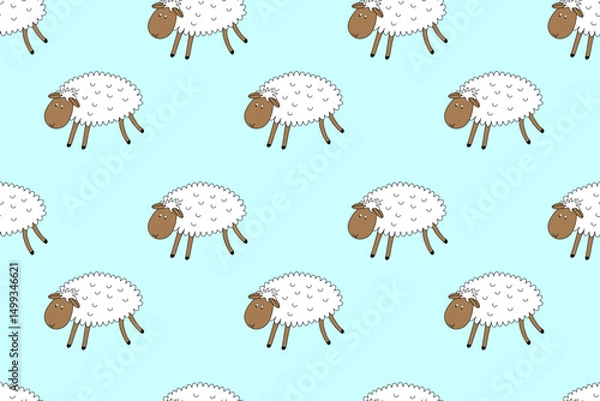 Obraz Beautiful seamless pattern with  cute sheep on  blue background. Animal. Flat design. For greetings, postcards, textiles, packaging, backgrounds, website.