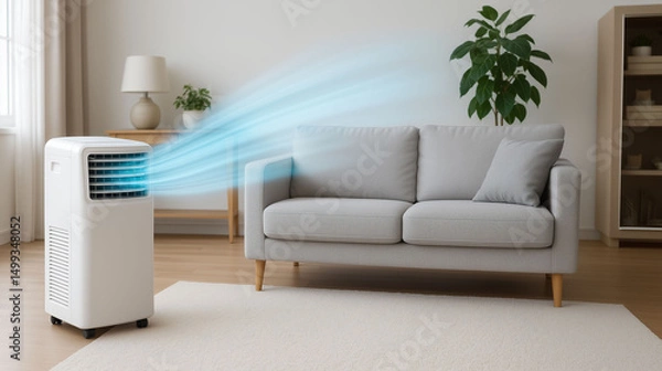 Fototapeta Portable air conditioner blowing cool air in room representing home cooling comfort energy efficiency and modern climate control concept