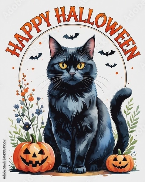 Fototapeta Halloween Greeting Card Featuring a Black Cat with Pumpkins and Bats