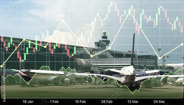 Fototapeta Stock financial index show successful investment on transportation, logistic and aircraft industry with graph and chart diagram on image of planes parked on the apron area at the airport.

