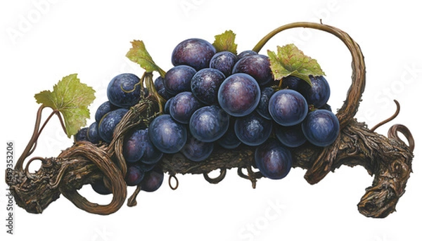 Fototapeta A cluster of dark purple grapes attached to a vine. Detailed depiction of the grapes' texture and the vine's intricate woody structure