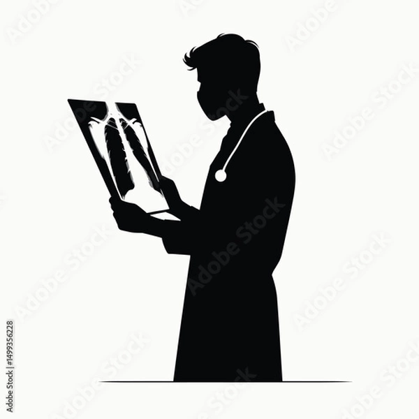 Fototapeta pure black silhouette of a doctor reading an x ray film, standing posture, minimal style on white background