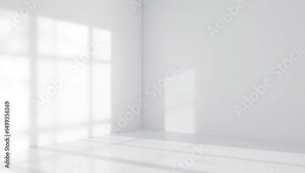 Fototapeta Empty white room studio with leaves shadow overlay effect for product presentation display. Cosmetic beauty fashion showroom. Morning sunlight through the window. Minimal Mock up interior background