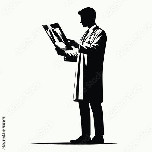 Fototapeta pure black silhouette of a doctor reading an x ray film, standing posture, minimal style on white background