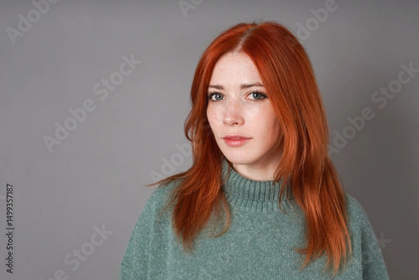 Fototapeta Portrait of young Ukrainian woman with dyed red hair and freckles wearing green sweater on gray background with copy space
