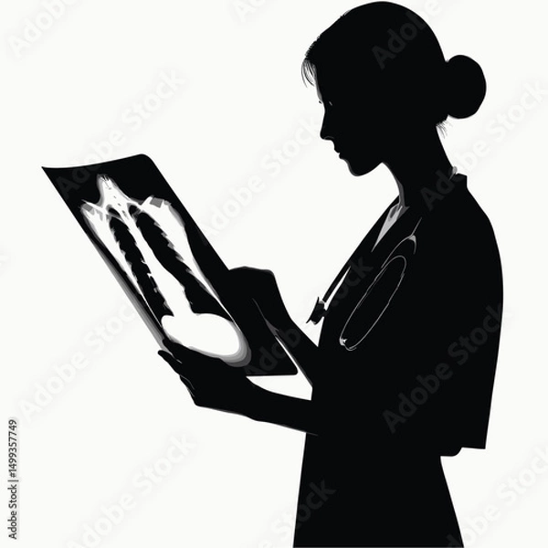 Fototapeta pure black silhouette of a doctor reading an x ray film, standing posture, minimal style on white background